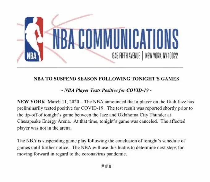 爵士中锋戈贝尔确诊！NBA宣布本赛季暂停