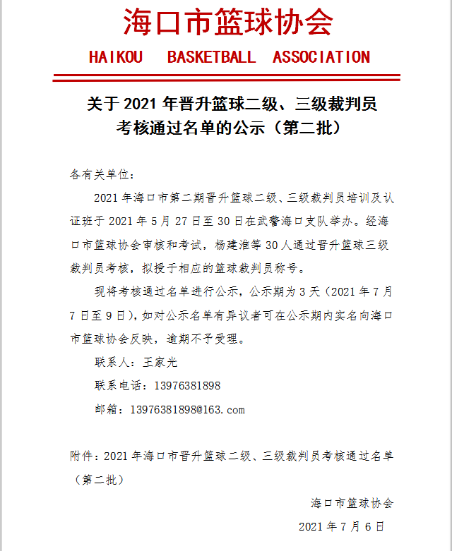 2021年海口市晋升篮球二级、三级裁判员考核通过名单公示（第二批）